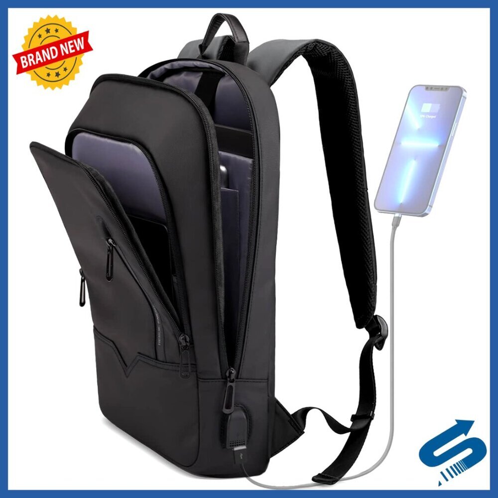 Slim Business Backpack with USB Charger Anti-theft Water Resistant Laptop Bag